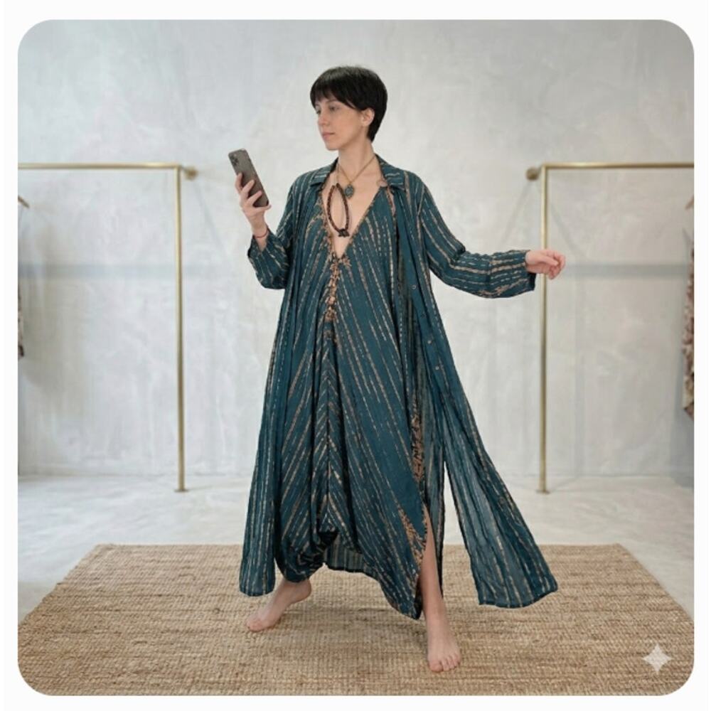 Hand dyed Boho Sleeveless Romper Long sleeve Duster Set Green/Cream One-Size